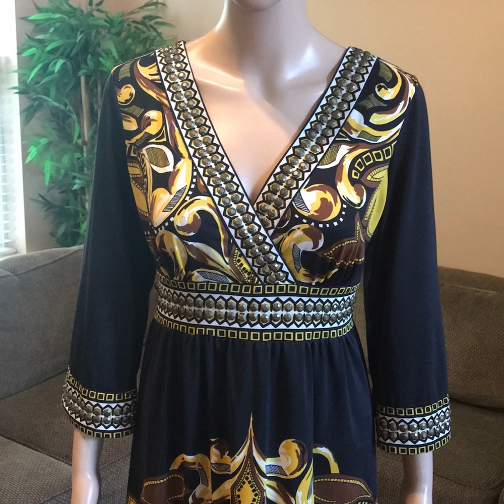 Black and yellow printed bell sleeve dress